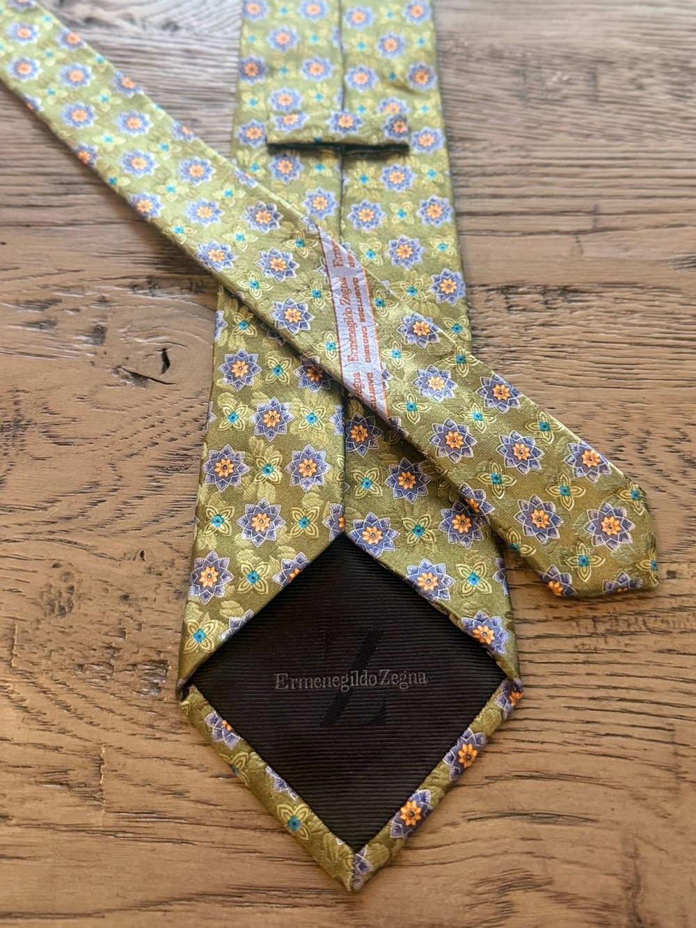 Ermenegildo Zegna Olive Green Floral Silk Tie with Blue and Orange Accents